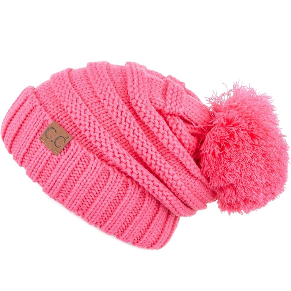 CC Pink slouchy knit beanie with Pom - Picture 2 of 5